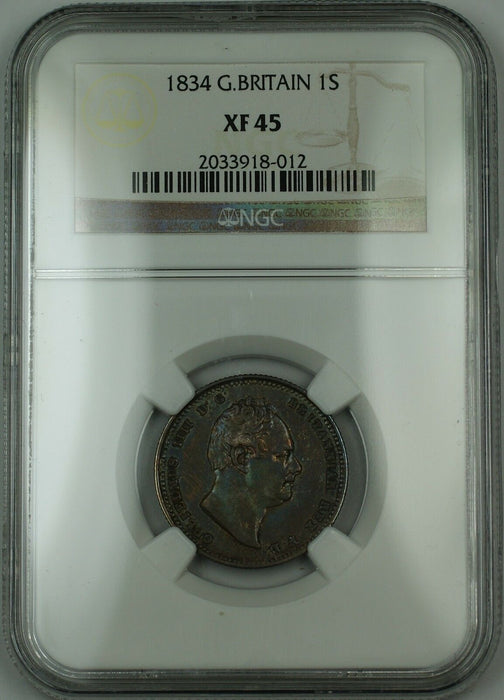 1834 Great Britain 1s Shilling Silver Coin William IV NGC XF-45 AKR