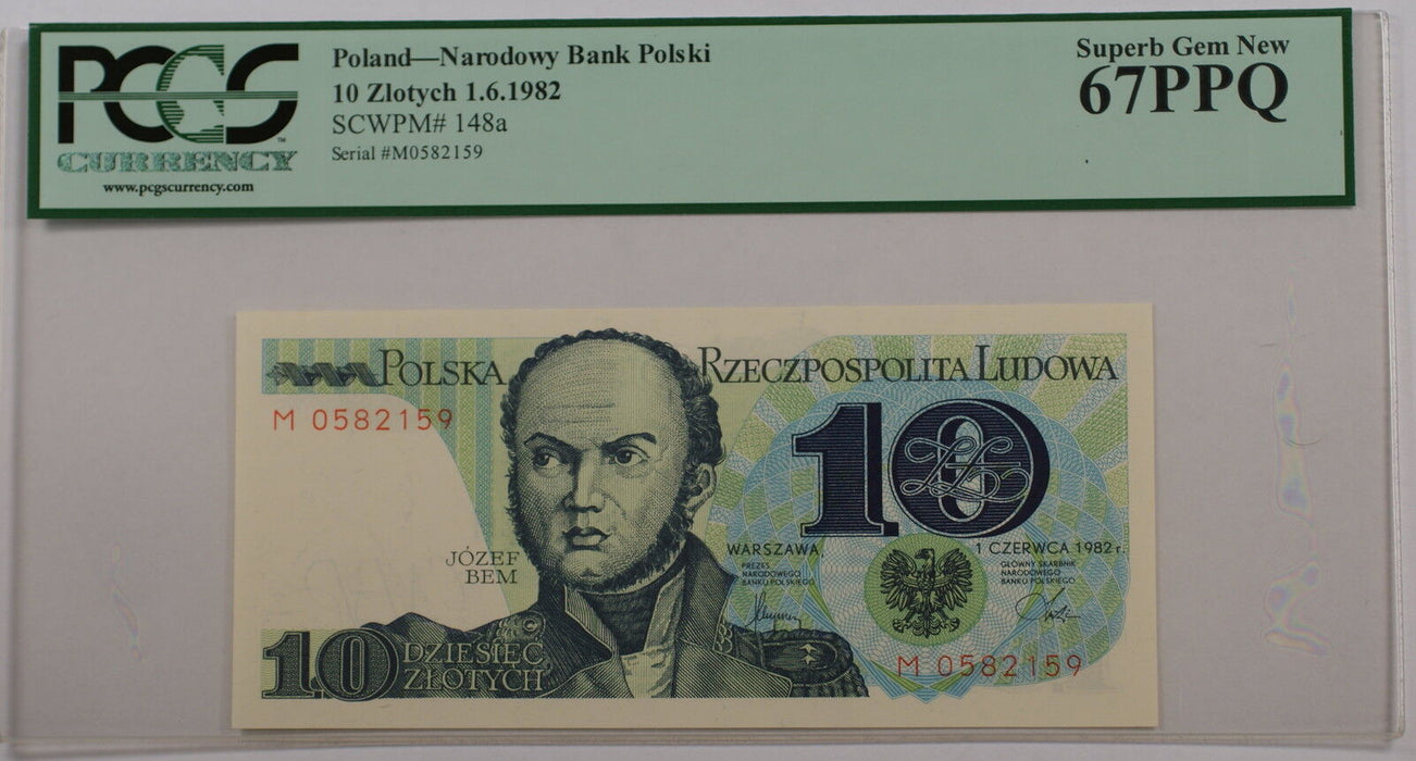 1.6.1982 Poland 10 Zlotych Note SCWPM# 148a PCGS 67 PPQ Superb Gem New