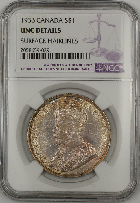 1936 Canada Silver $1 Dollar Coin NGC UNC Details Surface Hairlines