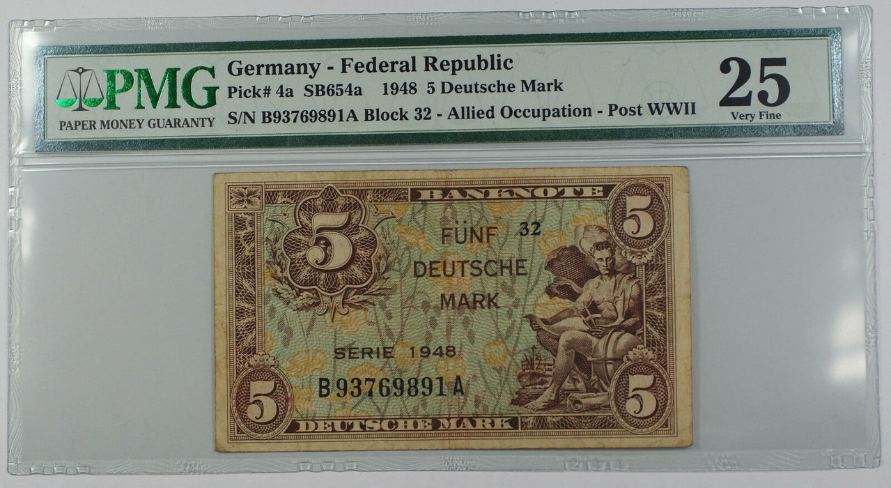 1948 Germany - Federal Republic 5 Deutsche Mark Note Pick# 4a PMG 25 Very Fine