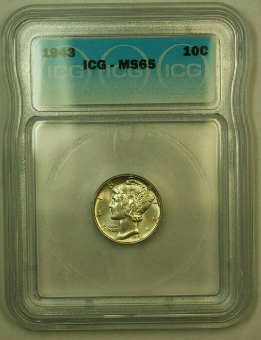 1943 Silver Mercury Dime 10c Coin ICG MS-65 E