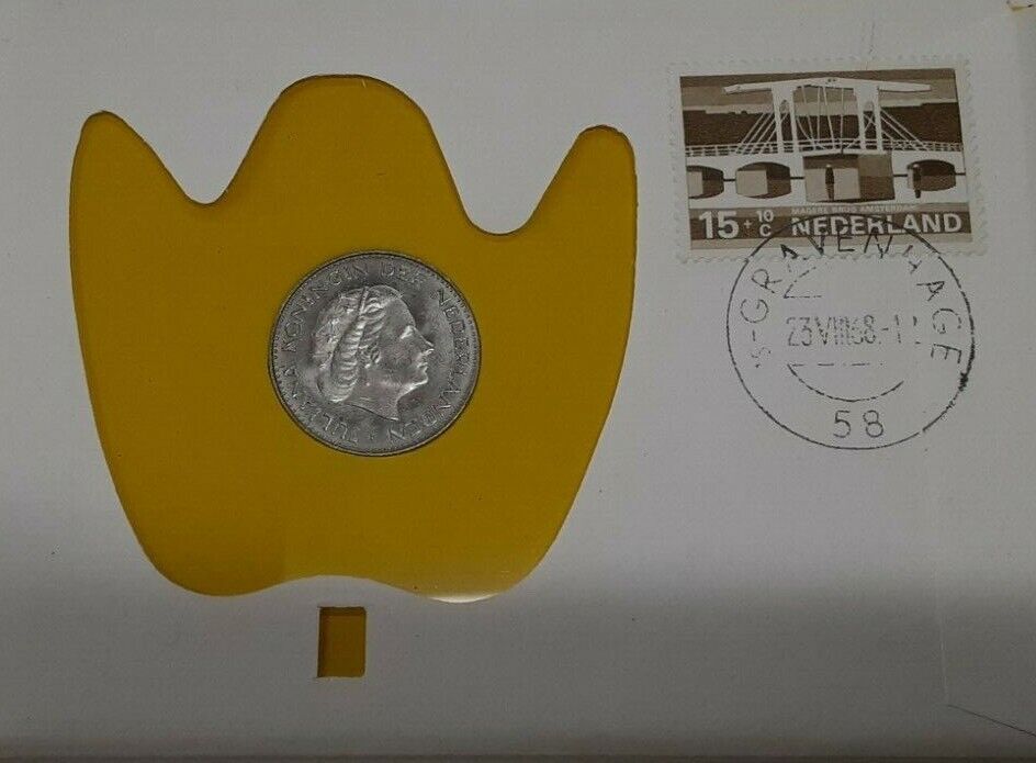 1967 Netherlands 1 Gulden Coin W/Stamp in FDC - BU
