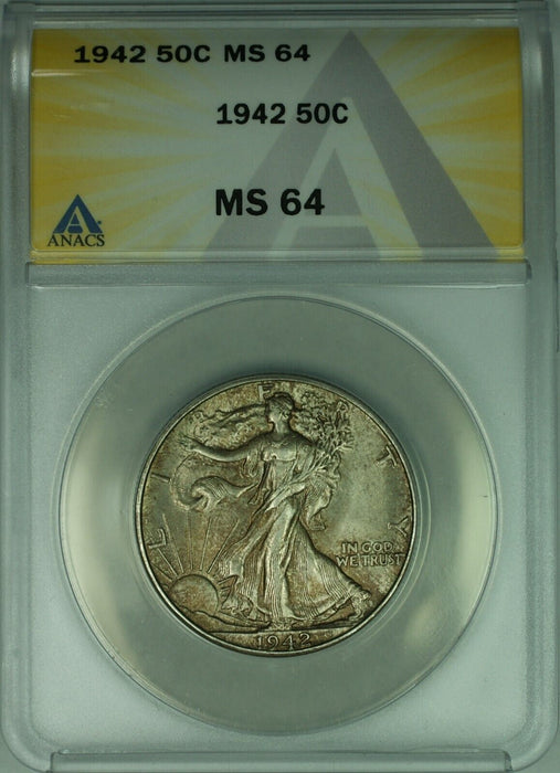 1942 Walking Liberty Silver Half Dollar 50c ANACS MS-64  Toned  (A)