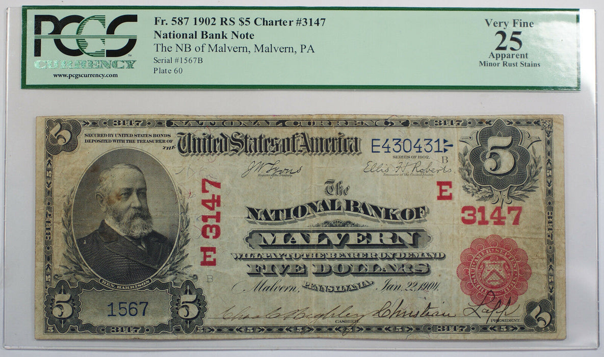 1902 Five Dollar RS $5 National Bank of Malvern Note FR# 587 PCGS VF-25 Details
