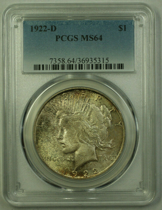 1922-D Peace Silver Dollar $1 Coin PCGS MS-64 Toned (21) A
