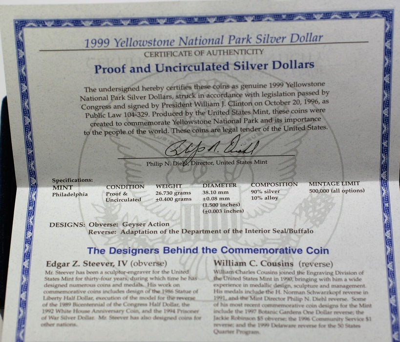 1999 Yellowstone National Park Commemorative Proof & UNC Silver Dollar $1 Coins