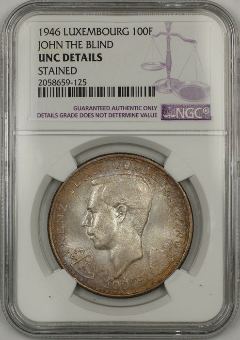1946 Luxembourg John the Blind 100F Silver NGC UNC Details Stained (Better Coin)