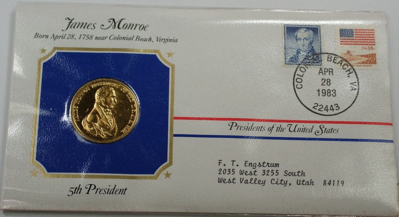 James Monroe Presidential Medal 24 KT Electroplate Gold & Stamps Cover