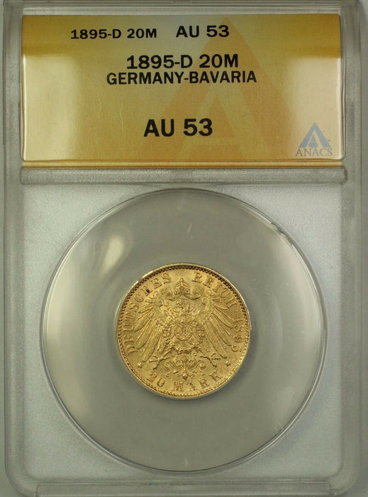 1895-D Germany-Bavaria 20M Twenty Marks Gold Coin ANACS AU-53