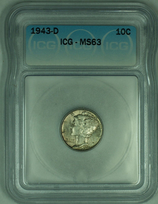 1943-D Mercury Silver Dime 10c Coin Toned ICG MS 63 (Looks Full Band) (53)