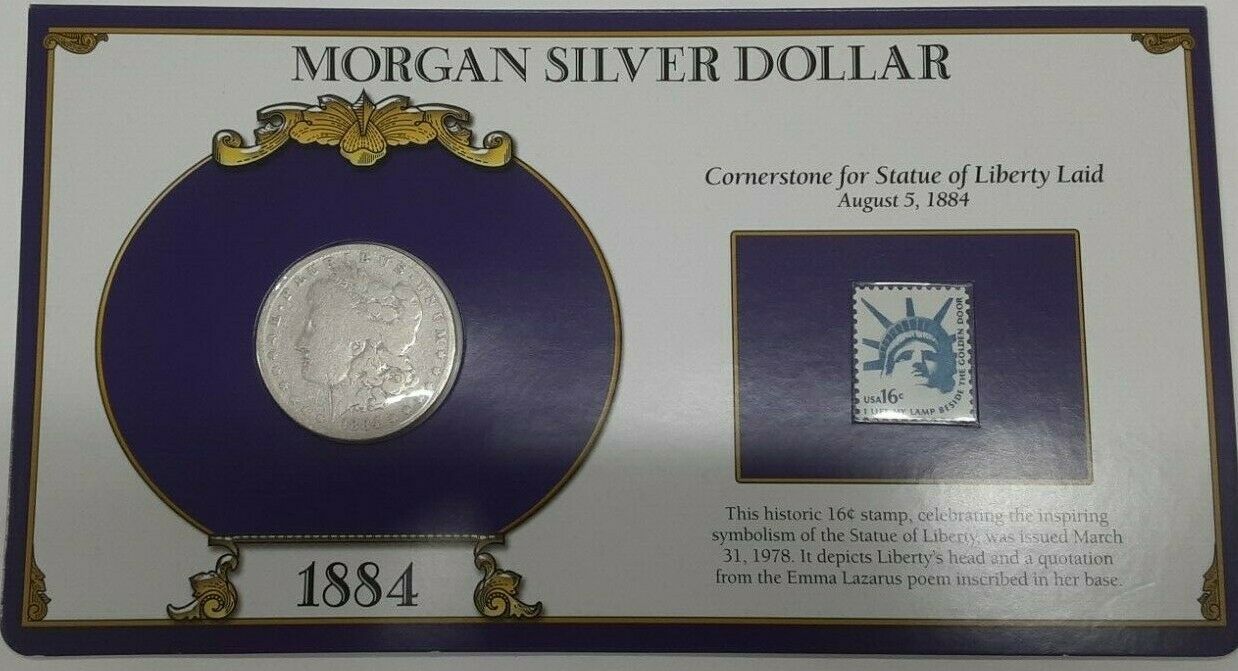 1884 Morgan Silver Dollar W/Stamp in Holder - Cornerstone for Statue of Liberty