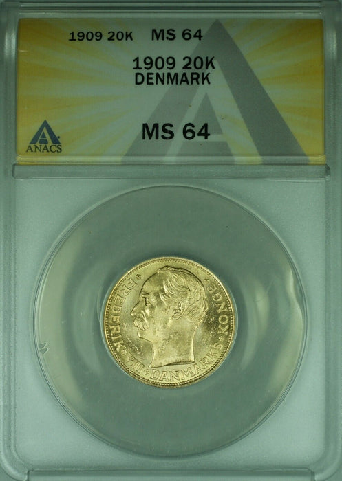 1909 Denmark 20 Kroner Gold Coin ANACS MS-64
