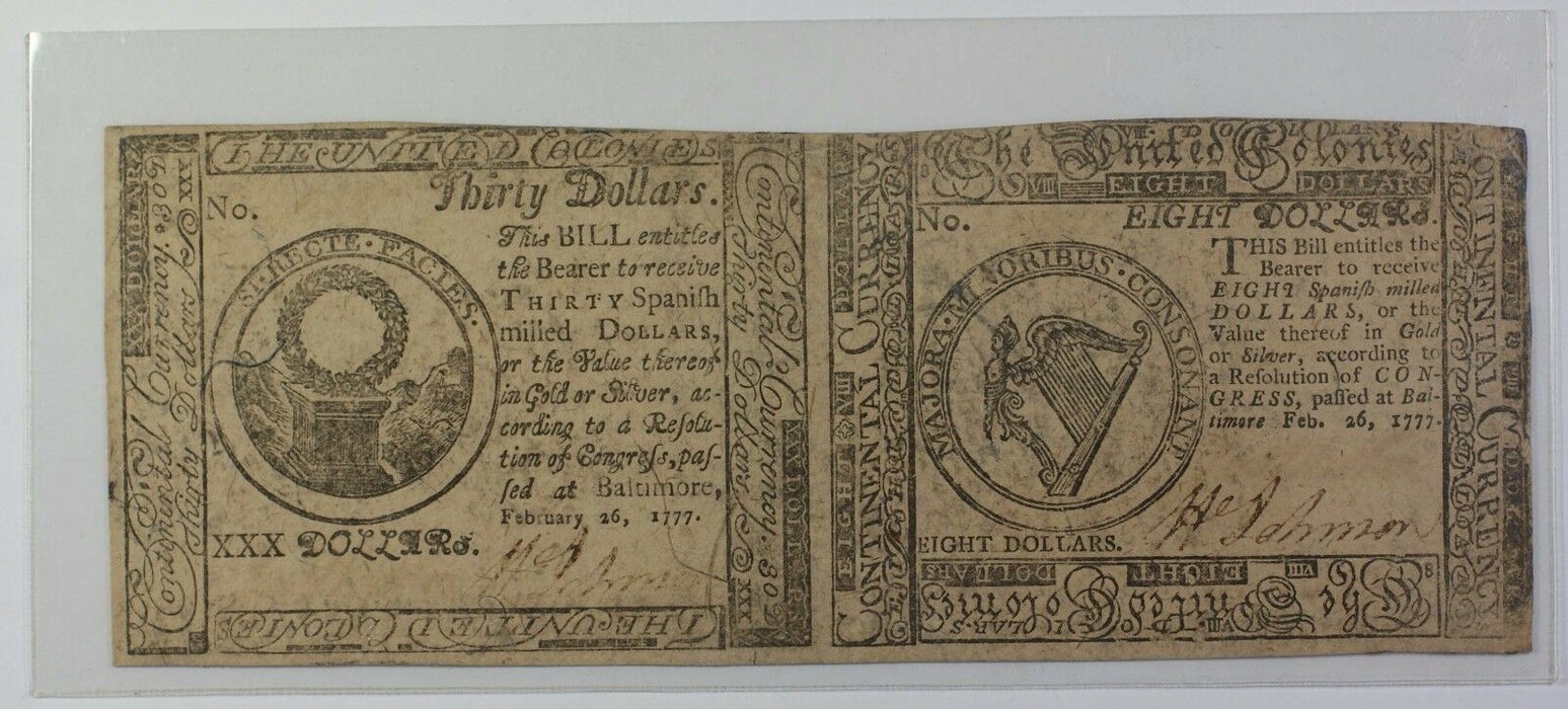 1777 Colonial Currency $30 and $8 2 Subject Uncut Pair Never Used EX Fine GH