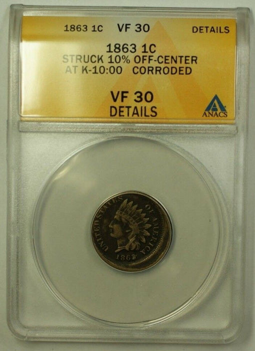 1863 Indian Head Penny 1c Error Coin 10% Off-Center At K-10:00 ANACS VF-30 Deta