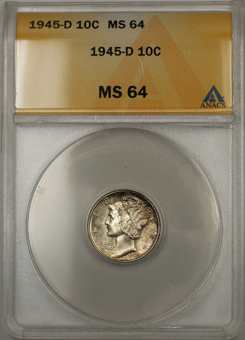 1945-D Silver Mercury Dime 10C ANACS MS-64 (Full Split Bands Light Toning 11)