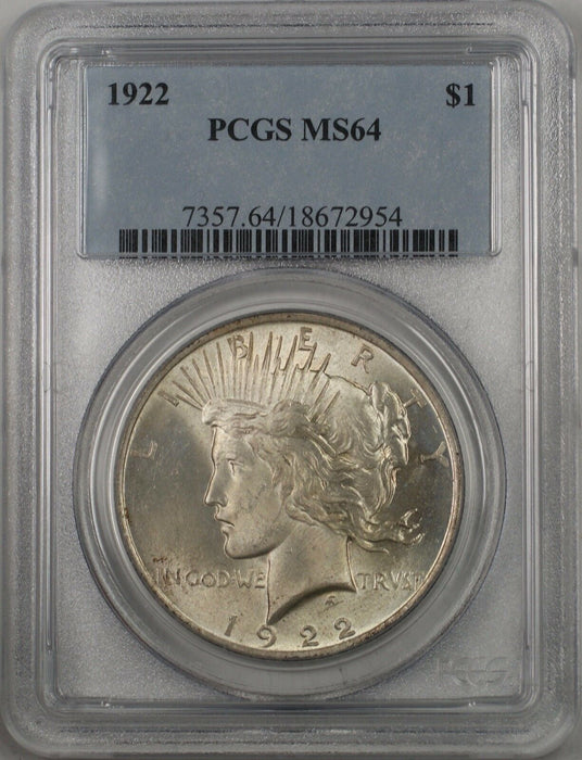 1922 Silver Peace Dollar $1 Coin PCGS MS-64 (BR 11 I) Lightly Toned Better Coin