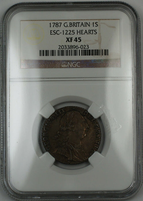 1787 Britain 1 Shilling Silver Coin ESC-1225 Hearts George III NGC XF-45 AKR