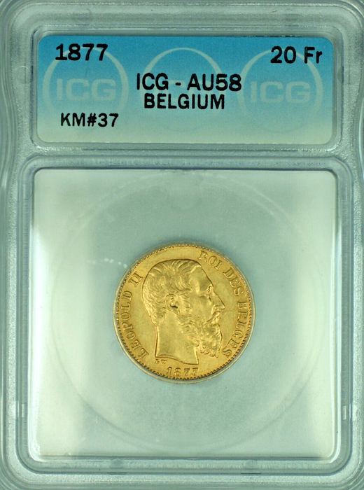 1877 Belgium 20 Francs Gold Coin ICG AU 58