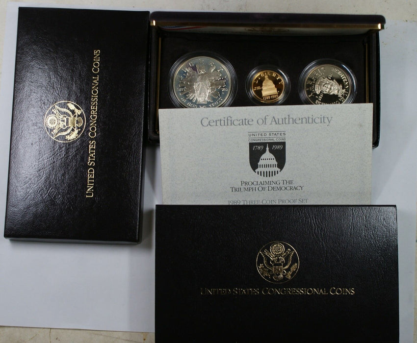 1989 Congressional Commemorative 3 Coin Proof Set, Gold & Silver OGP