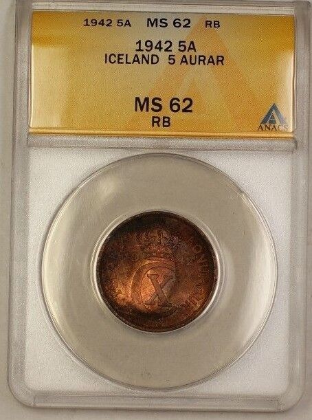 1942 Iceland 5A Five Aurar Copper Coin ANACS MS-62 RB Red-Brown