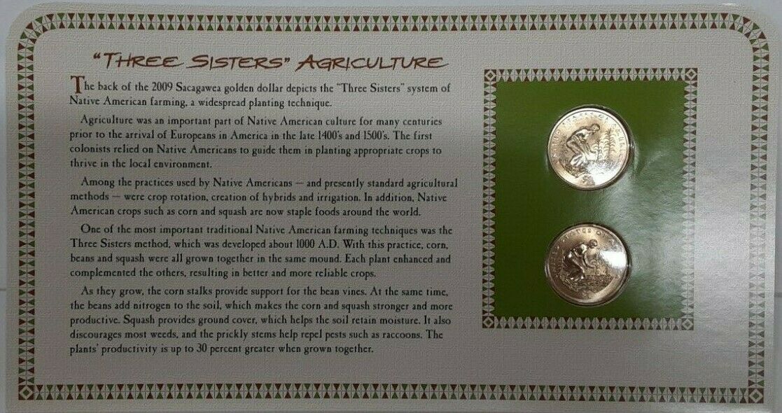 2009 P & D Sacagawea BU Dollars and Stamp Set on Info Card - Crops of America
