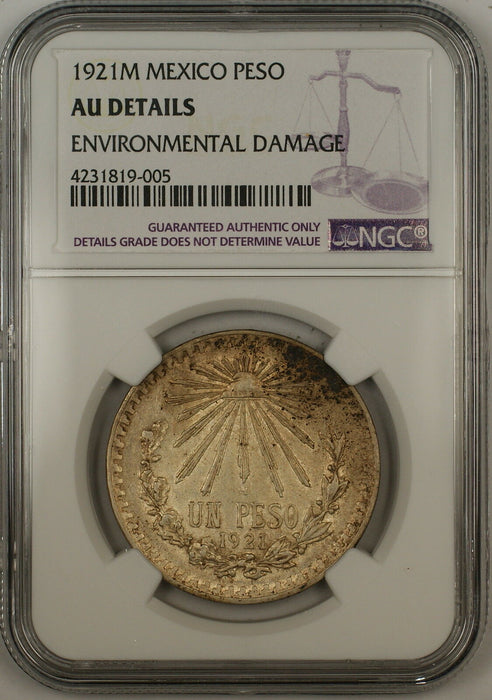 1921-M Mexico 1 Peso Silver Coin NGC AU Details Environmental Damage