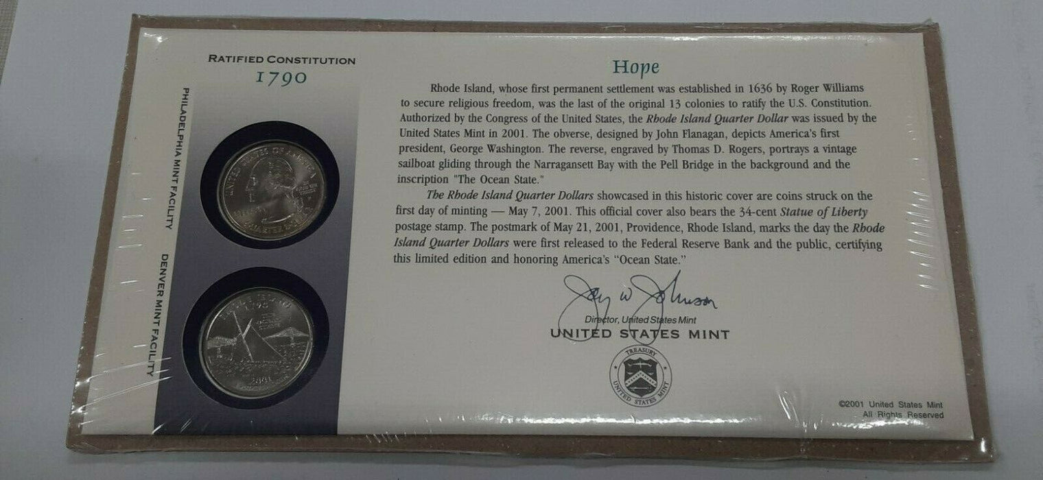 Rhode Island 2001 P&D Statehood Quarter Set in Orig. US Mint Coin Cover w/Stamp