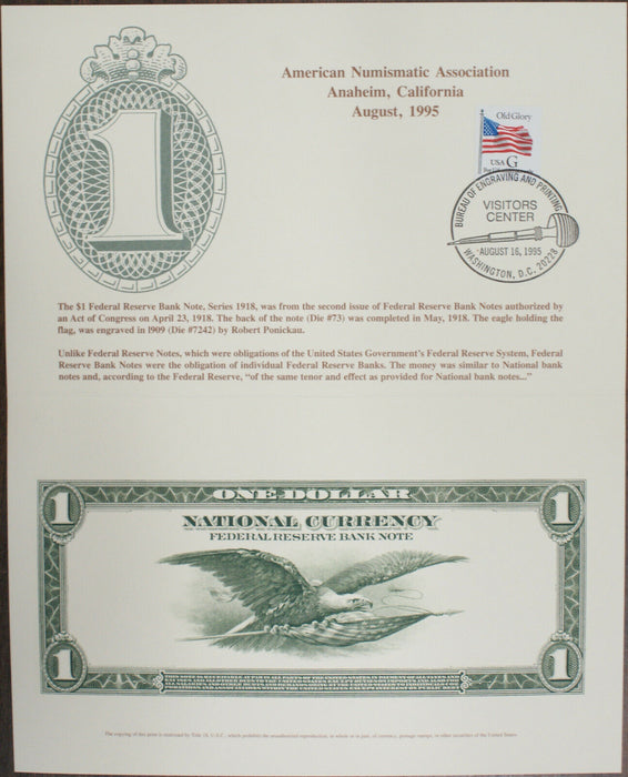 BEP 1918 B-199 ANA 1918 Flying Eagle w Flag $1 FR Bank Note Back Canceled