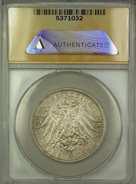 1908-A Germany-Prussia Silver 3M Three Marks Coin ANACS AU-53 Details Cleaned