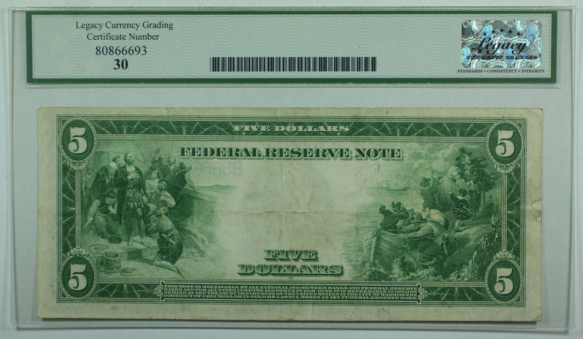 1914 $5 Five Dollar New York Large Federal Reserve Note FRN Fr 851c Legacy VF-30