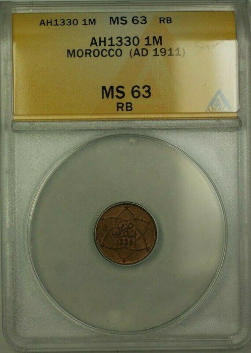 AH1330 Morocco 1 Mazuna Coin (AD 1911) ANACS MS 63 RB