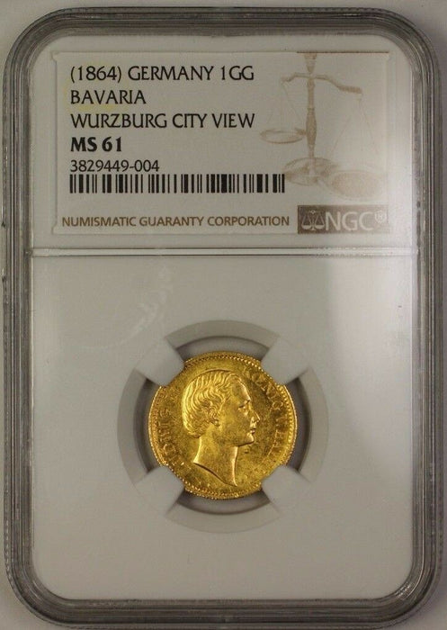 (1864) Germany 1 Gulden Gold Coin Bavaria Wurzburg City View NGC MS-61 UNC RRR
