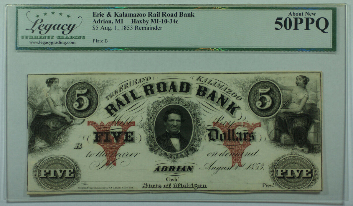 1853 $5 Erie Kalamazoo Rail Road Bank Adrian MI Haxby MI-10-34c Legacy 50 PPQ C
