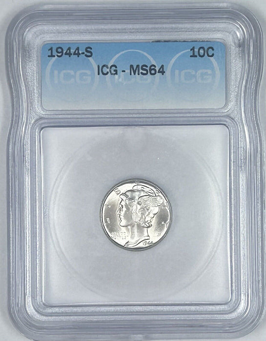 1944-S Mercury Silver Dime 10c Coin ICG MS 64 (Looks Better) (54) F