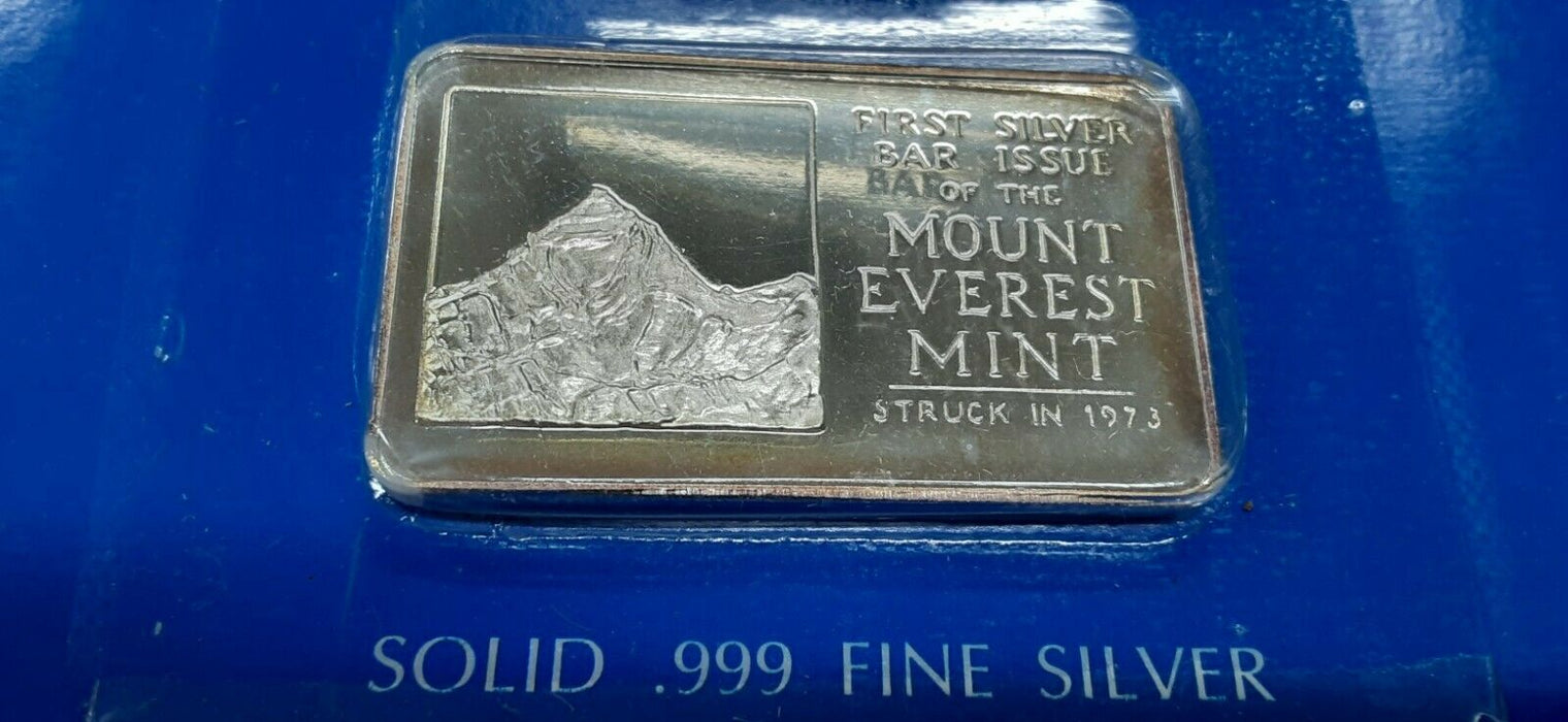 1973 Mount Everest Mint 1 Ounce .999 Fine Pure Silver Bar on Original Card