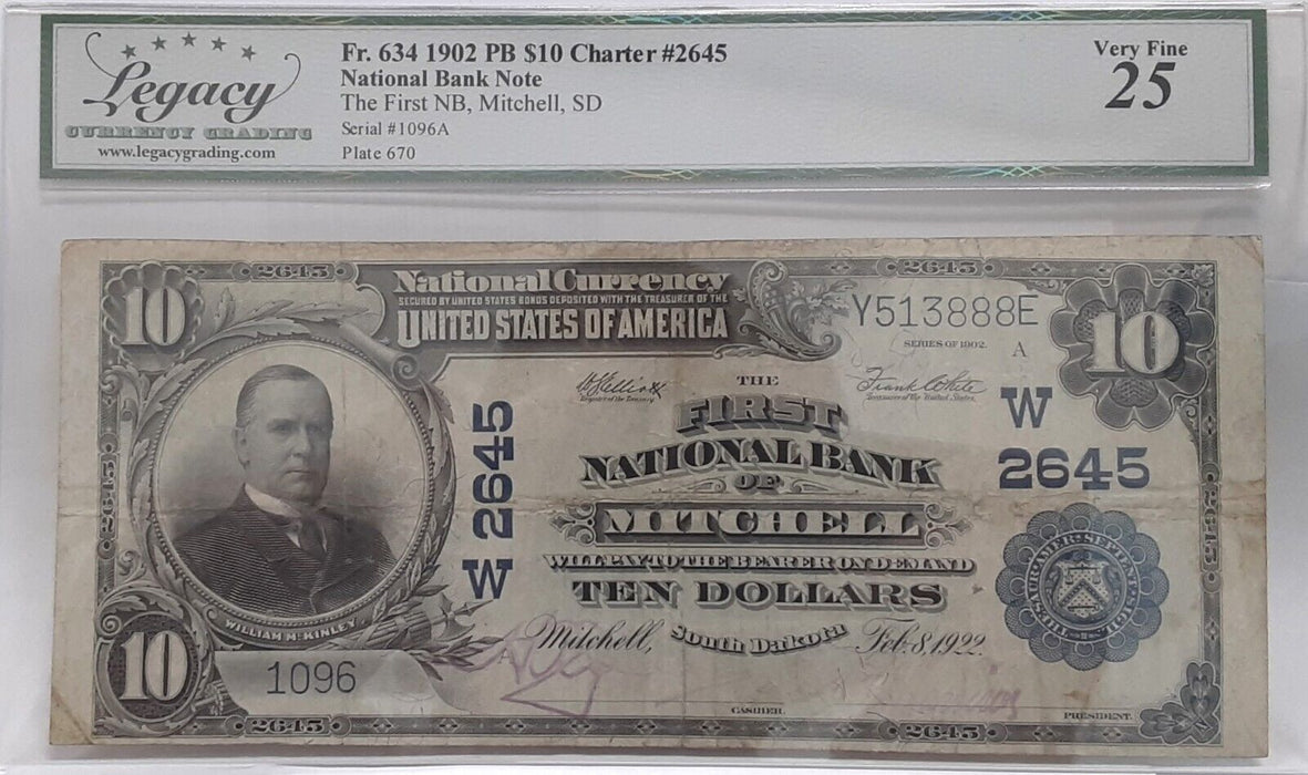 1902 $10 National Currency PB 1st Nat'l Bank Mitchell SD CH#W2645 Legacy VF-25