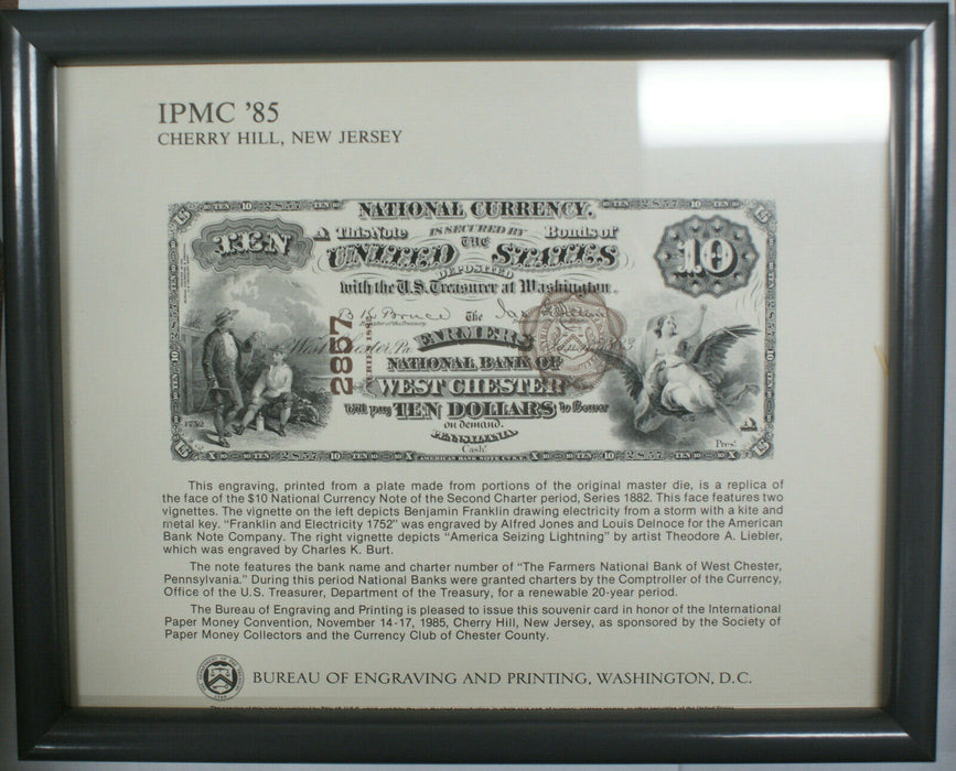 Framed IPMC Souvenir Card 1985 BEP B 84 $10 West Chester National Currency Note