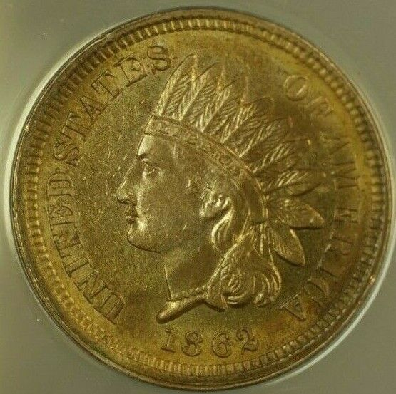 1862 Indian Head Cent 1c ANACS MS-60 (Unc) Details Cleaned