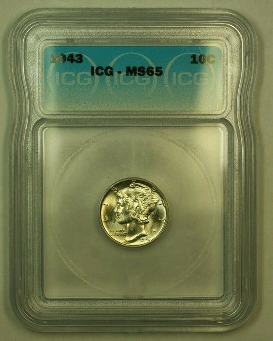1943 Silver Mercury Dime 10c Coin ICG MS-65 X Nearly Full Bands