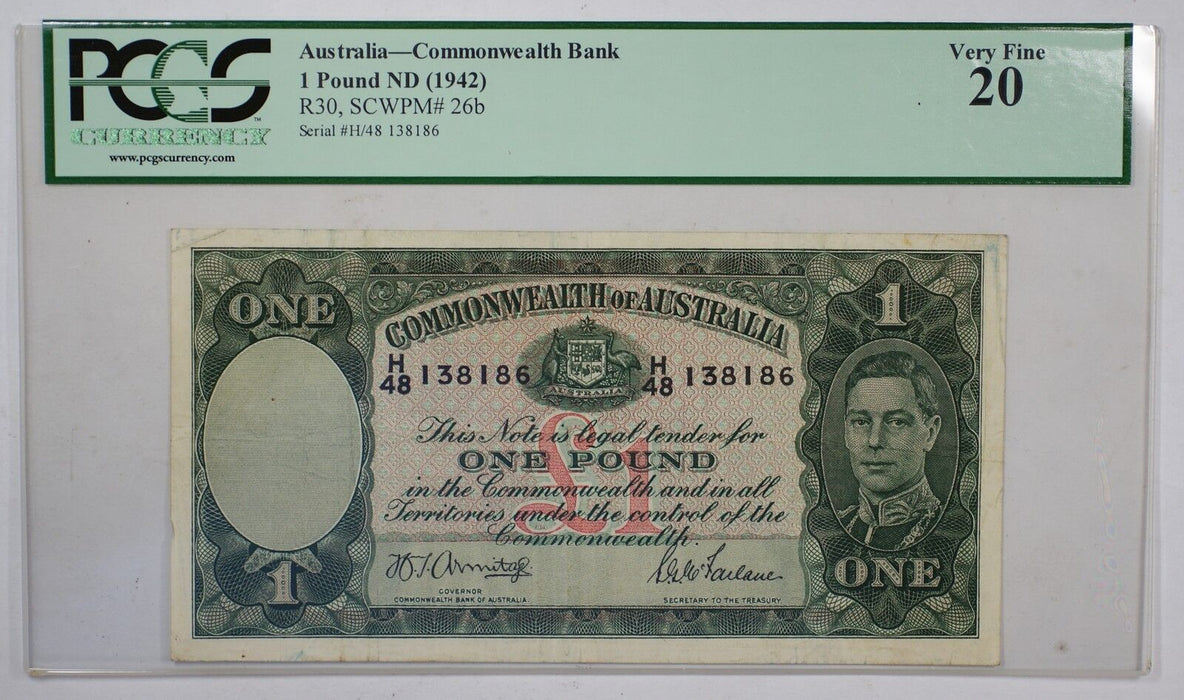1942 Australia 1 Pound ND Commonwealth Banknote PCGS Very Fine 20