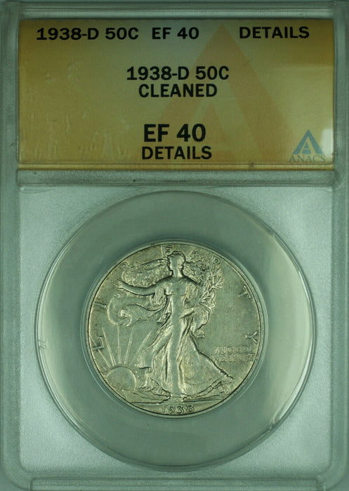 1938-D Walking Liberty Silver Half Dollar 50c Coin ANACS EF-40 XF Details