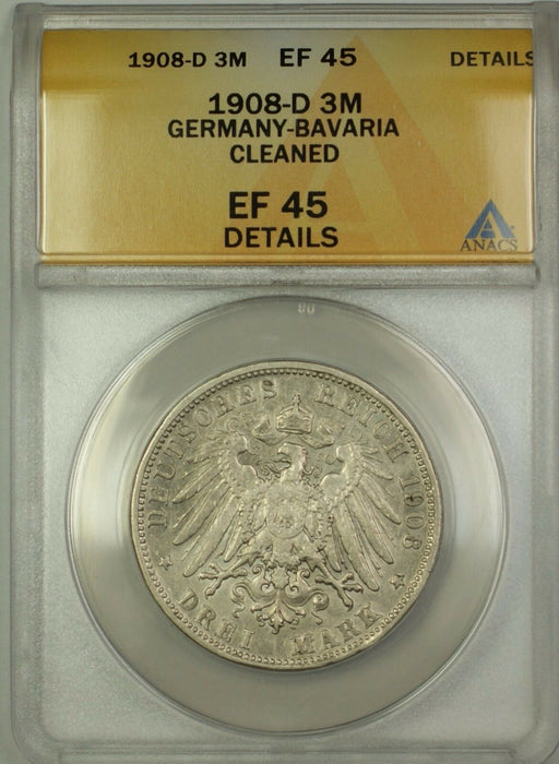 1908-D Germany-Bavaria 3M Three Marks Silver Coin ANACS EF-45 Details Cleaned