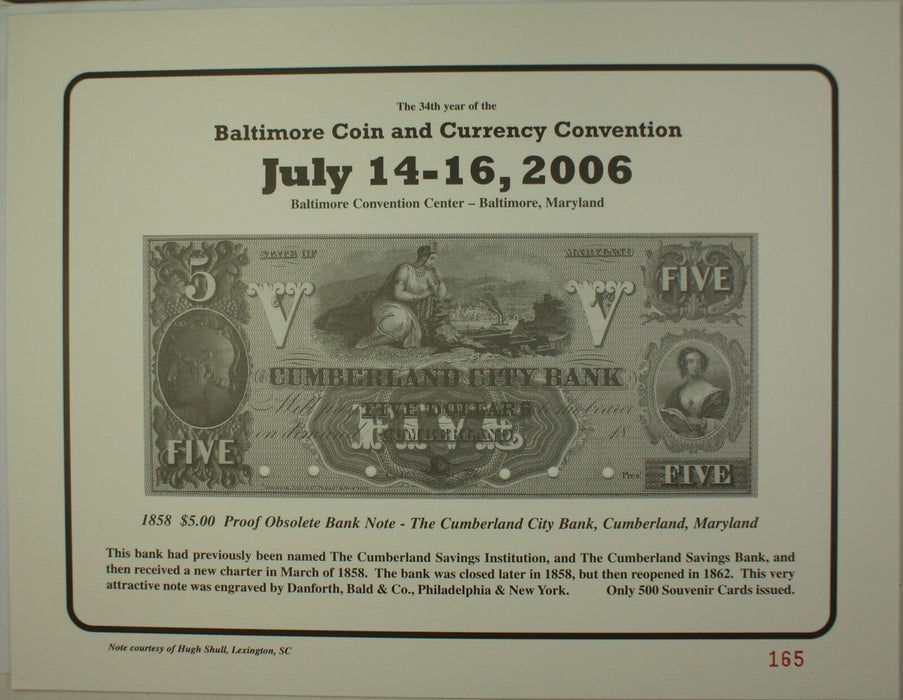 2006 July 34th Year Washington Baltimore Coin & Currency Show Souvenir Card