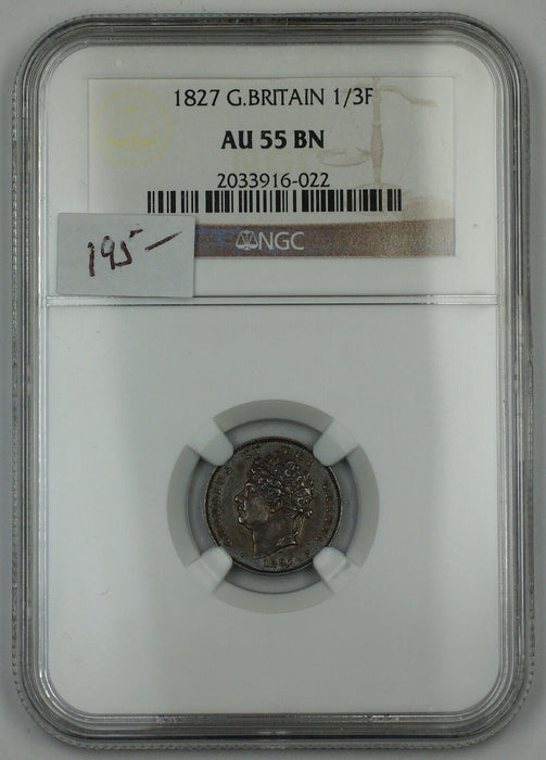 1827 Great Britain 1/3F Farthing NGC AU-55 BN AKR