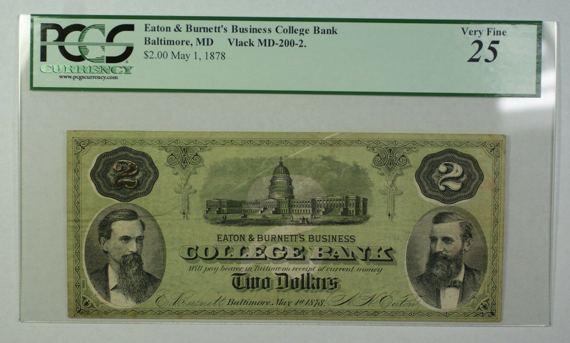 May 1 1878 $2 Dollar Obsolete Currency Eaton Burnett's Baltimore MD PCGS VF-25