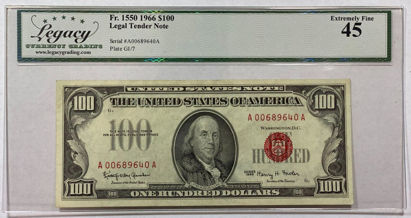 1966 $100 One Hundred Dollar Legal Tender US Note Fr. 1550 Legacy EF-45