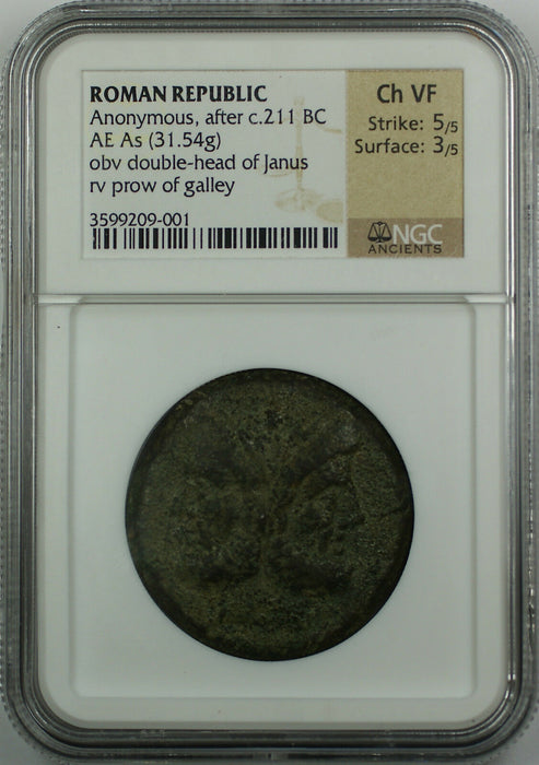 Double-head of Janus Bronze As Roman Republic After 211 BC, NGC Ch VF Ancient