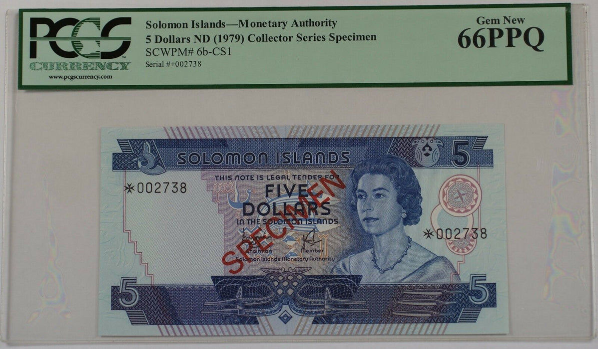 (1979) Solomon Islands $5 Dollar Specimen Note SCWPM# 6b-CS1 PCGS 66 PPQ Gem New