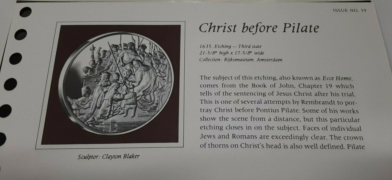 Franklin Mint Genius/Rembrandt PR .925 Silver Medal-Christ Before Pilate in Card