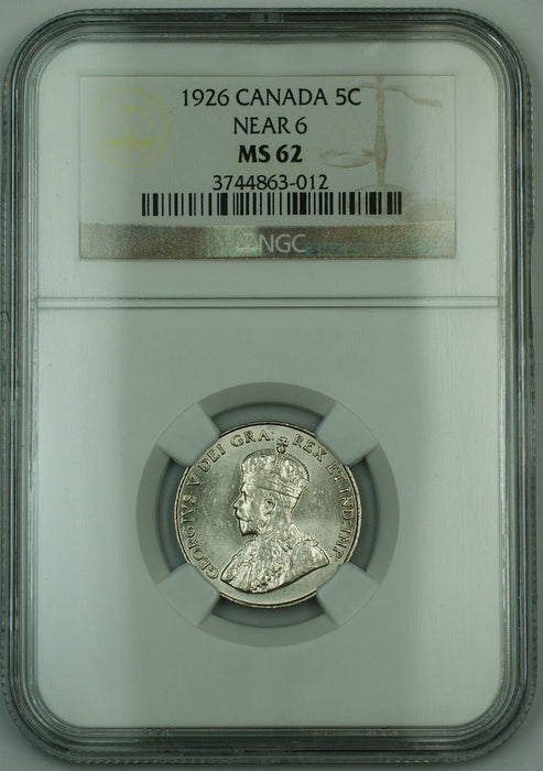 1926 Near 6 Canada 5c Five Cents Coin NGC MS-62 Scarce Date